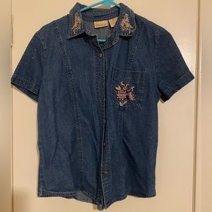 Embroidered Denim Short Sleeved Button Up